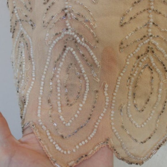 1920s 1910s Nude skin tone peach silk sheer beaded sleeveless blouse top XS S - Picture 7 of 10